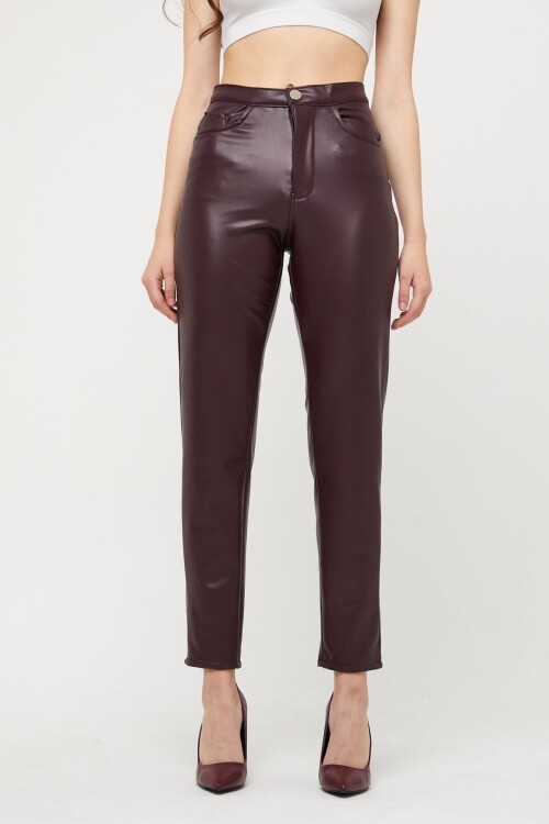 Kadın Mom Fit Deri Pantolon Bordo
