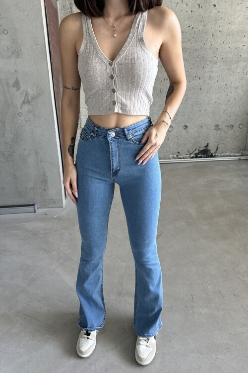 Kadın Pamuklu Yüksek Bel Bol Esnek İspanyol Paça Açık Mavi Kot Pantolon