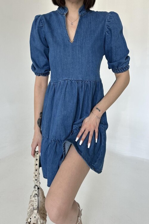 Kadın Yarım Kol V Yaka Pamuklu Kot Mavi Mini Elbise