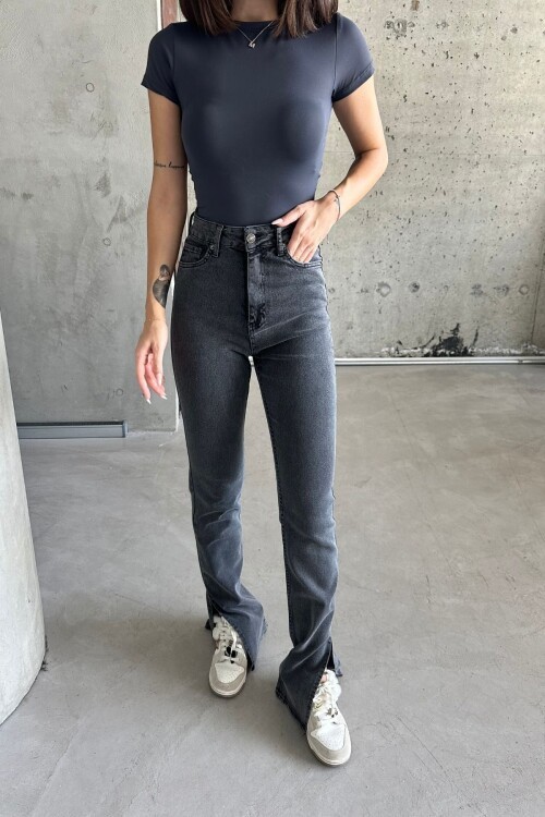 Kadın Yüksek Bel Bol İspanyol Paça Esnek Antrasit Kot Pantolon