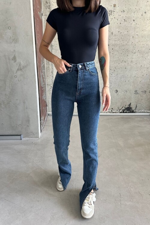 Kadın Yüksek Bel Bol İspanyol Paça Esnek Lacivert Kot Pantolon