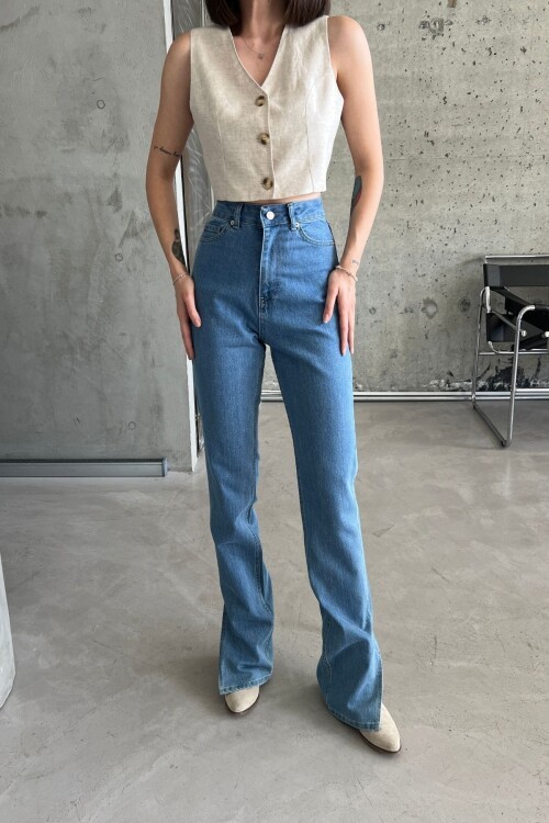 Kadın Yüksek Bel Bol İspanyol Paça Esnek Mavi Kot Pantolon