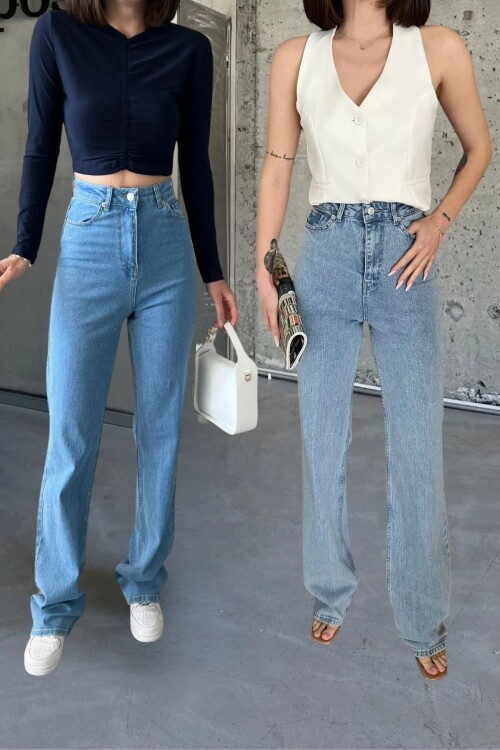 Kadın Yüksek Bel Bol Paça Palazzo Kot Pantolon Açık Mavi