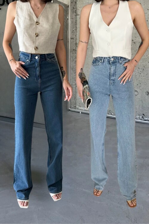 Kadın Yüksek Bel Bol Paça Palazzo Koyu Mavi-Buz Mavi Kot Pantolon