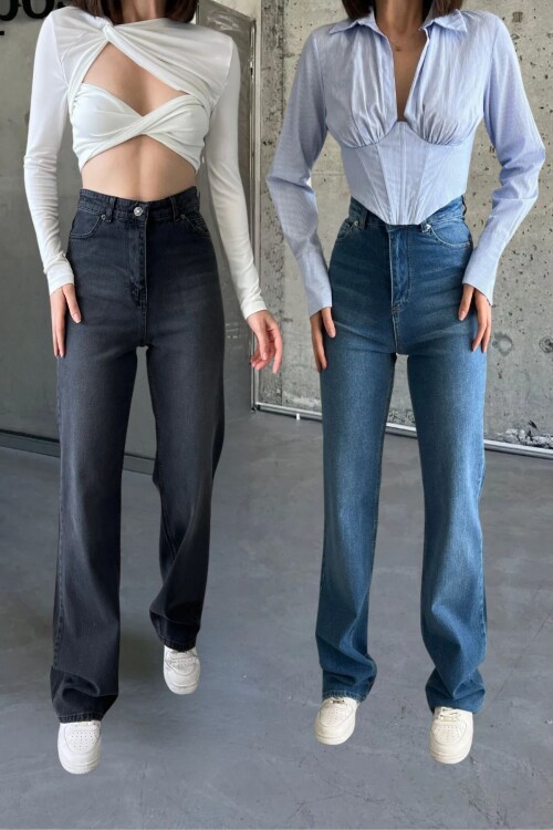 Kadın Yüksek Bel Bol Paça Palazzo Mavi-Siyah Kot Pantolon