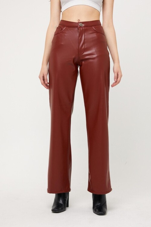 Kadın Yüksek Bel Fermuarlı Bol Paça Taba Deri Pantolon