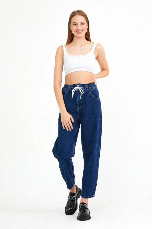 Kadın Yüksek Bel Jeanmove Beli Lastikli Bol Paça Mavi Kot Pantolon
