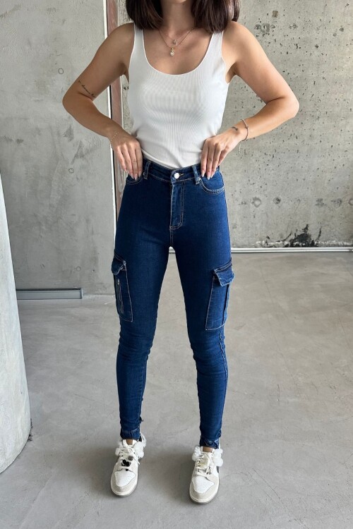 Kadın Yüksek Bel Lastikli Paça Slim Fit Mavi Kot Kargo Cepli Pantolon