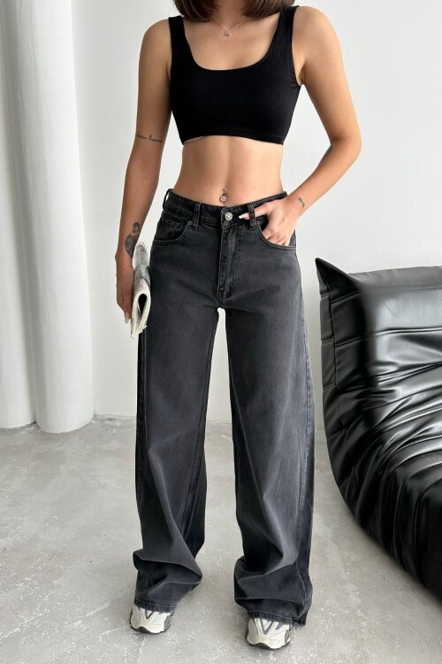 Kadın Yüksek Bel Oversize Bol Paça Baggy Antrasit Kot Pantolon