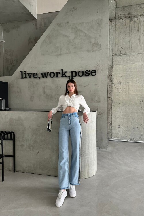 Kadın Yüksek Bel Ters Dikişli Bol Paça Palazzo Buz Mavi Kot Pantolon